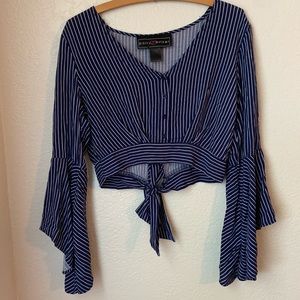 Navy & white pinstripe long sleeve crop